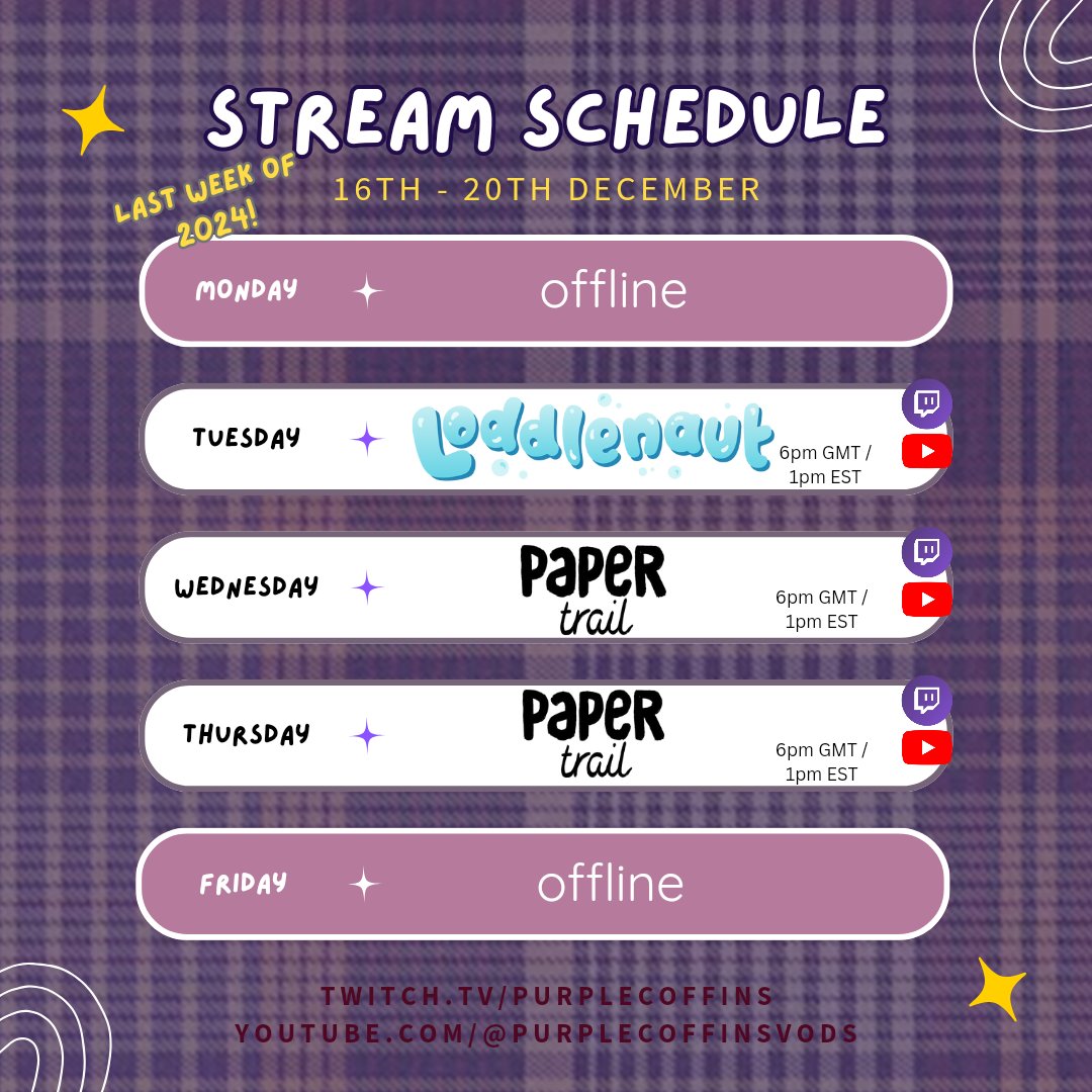 Last streaming week of the year!

We're working on finishing some titles from 2024, so we can start fresh next year 🤞 (and is there maybe a tier list on the horizon?)