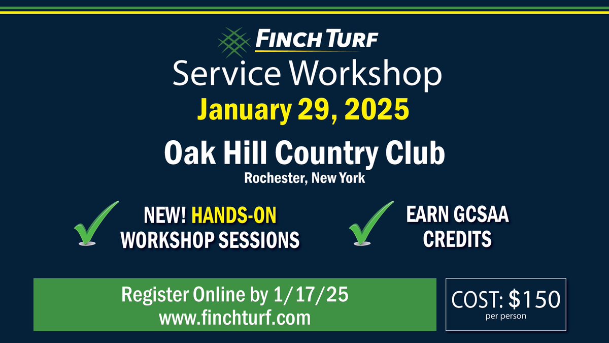 FinchTurf's tweet photo. 🗣️Registration is open for our final #ServiceWorkshop of the season taking place at Oak Hill Country Club in Rochester, NY on 1/29! 💪🏼🚜🛠️

Sign up today to secure your spot! 

⬇️

https://t.co/croYpVSsNC https://t.co/of4CjPNZ1Q