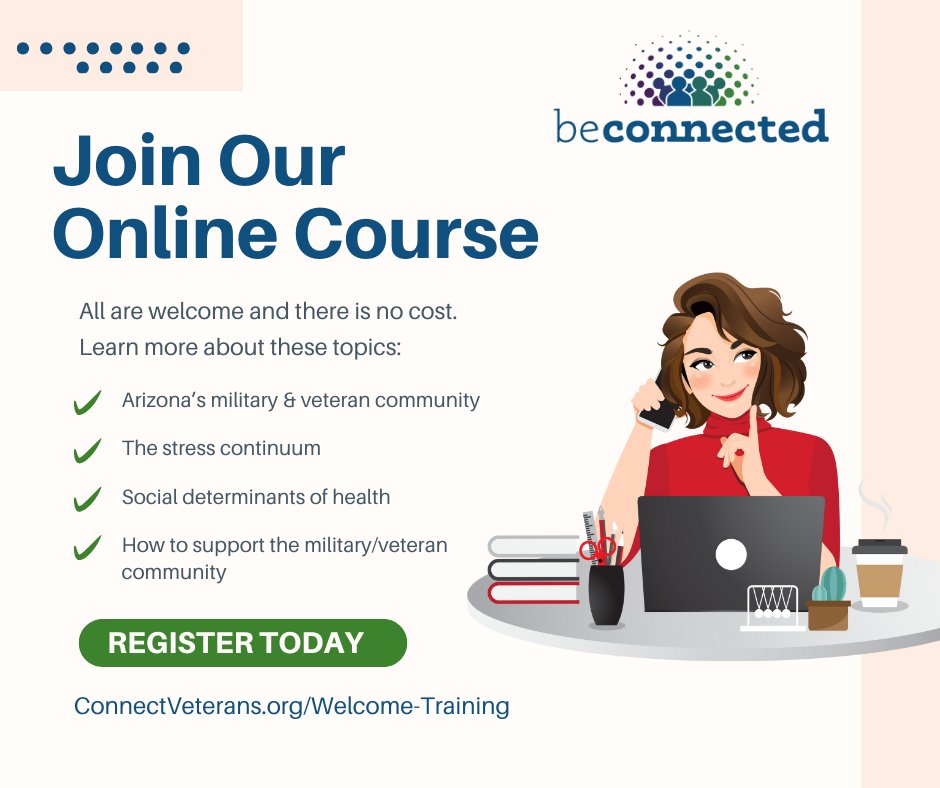 AzCoalition's tweet image. Join us for an engaging no-cost virtual training, designed to help you better support veterans &amp;amp; service members in Arizona. Register now 👉 connectveterans.org/welcome-traini… #AZVeterans #ServiceMember #MilitaryFamilies #SupportNetwork