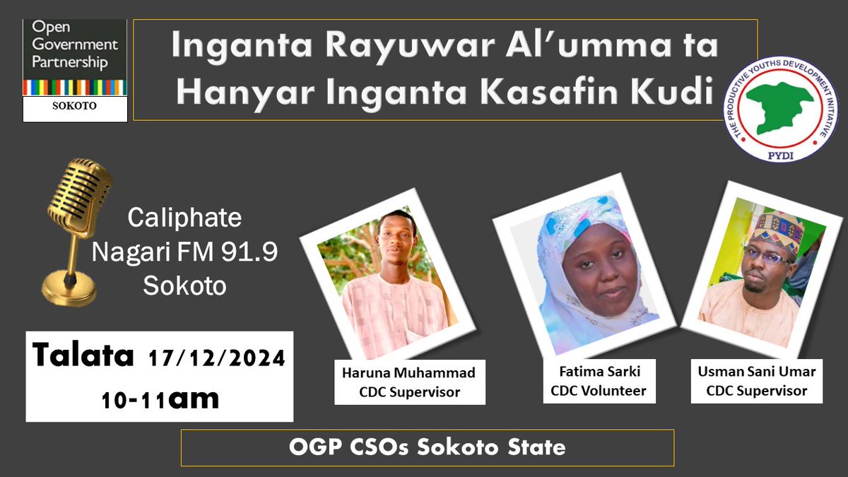 Join us tomorrow Live on Caliphate Nagari FM as we discuss Community Development Charter (CDC) as a tool for good governance. 

It's in Hausa. We may drop your comments and suggestions.
<a href="/BudgITng/">BudgIT Nigeria</a> <a href="/nnngo/">NNNGO</a> <a href="/State2StateNGR/">USAID Nigeria State2State Activity</a> <a href="/opengovpart/">Open Gov Partnership</a> <a href="/OpenBudgets/">International Budget Partnership</a> <a href="/UNYouthAffairs/">UN Youth Office</a> <a href="/Auwal_online/">Auwal Ahmed Musa</a>