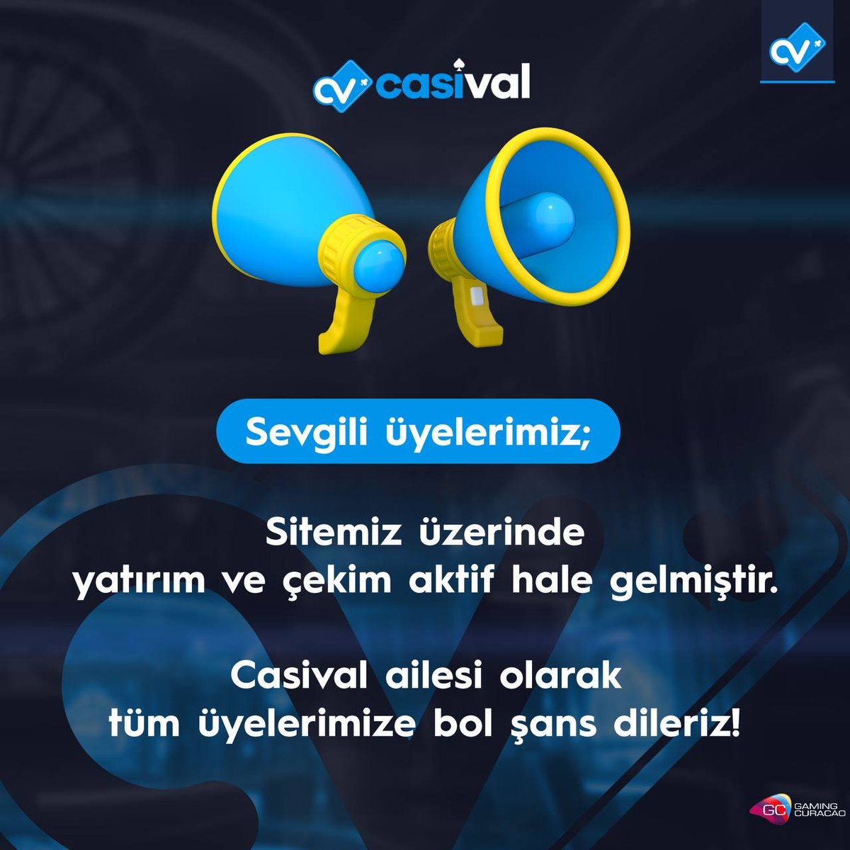 Sitemiz üzerinde yatırım ve çekim aktif hale gelmiştir. Casival ailesi olarak tüm üyelerimize bol şans dileriz!