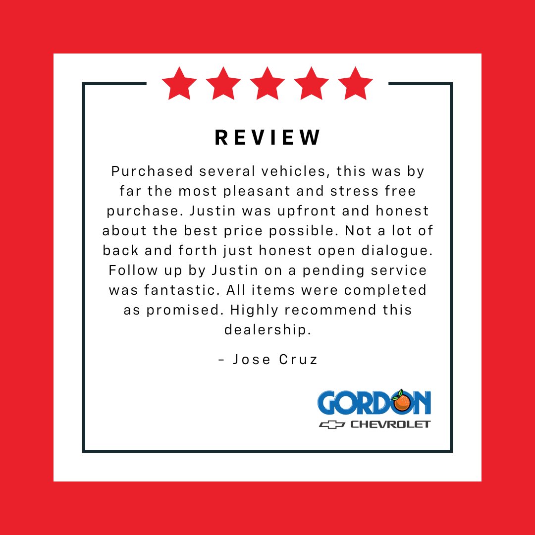 It's Feedback Friday! We love hearing from our amazing customers; your thoughts help us grow and improve every day.

Got a story about your experience at Gordon Chevrolet? Share it with us! 🚗💬 #FeedbackFriday #GordonChevrolet #CustomerLove