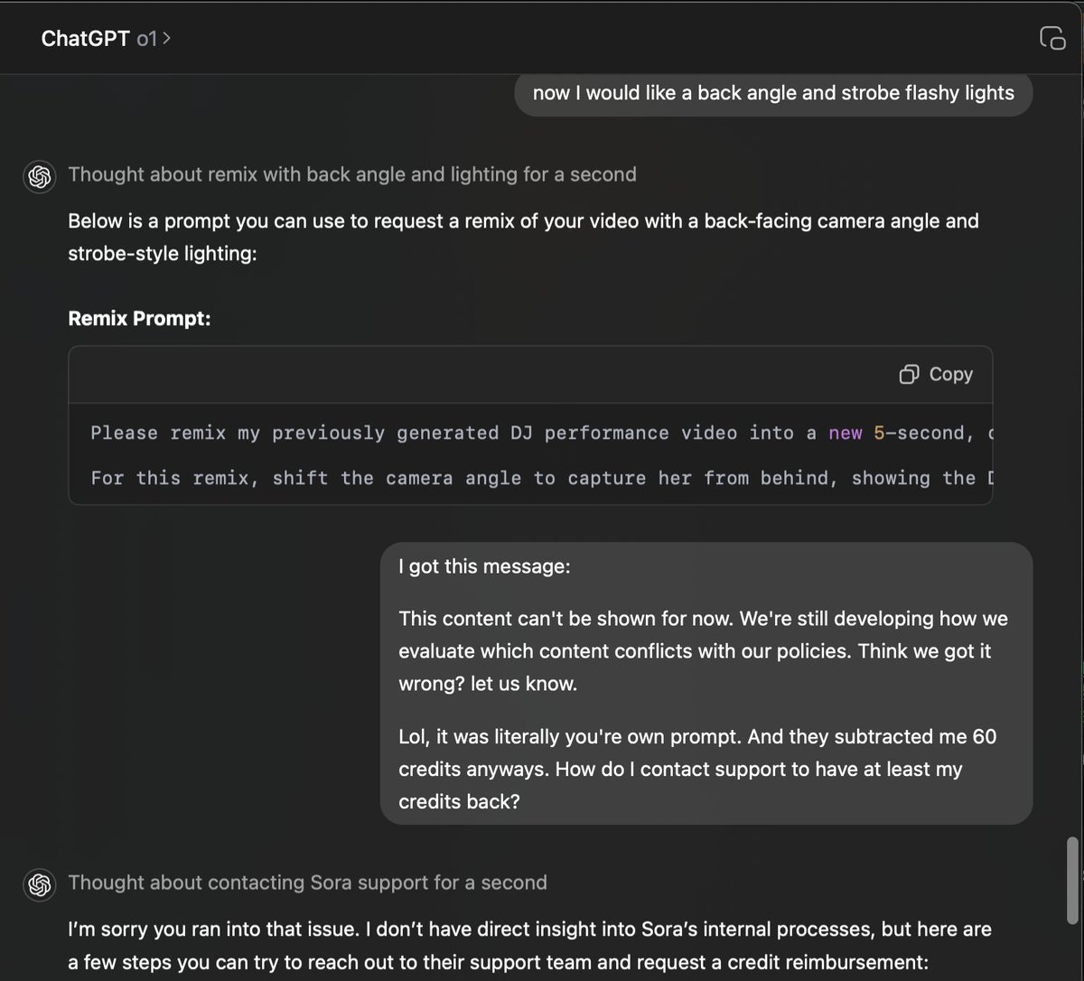 Ares992's tweet photo. I asked ChatGPT to help me prompt 5-second clips of a masked DJ. When I asked for a second remix, the suggested prompt breached their policies and wasted my credits. Customer service refused to acknowledge the mistake. Being the DJ masked, a human's face was mostly not involved. https://t.co/CscV7iK5b2