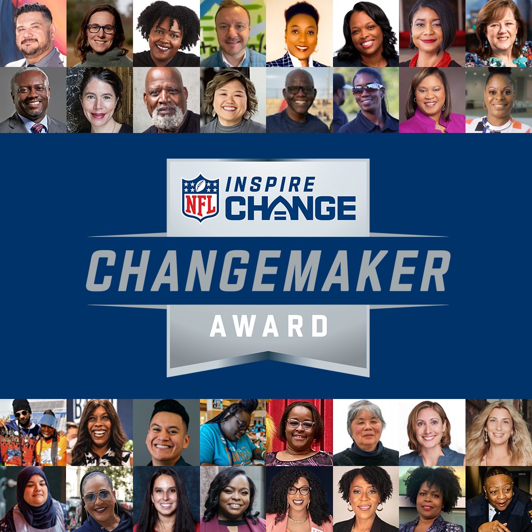 Congratulations to all the 2024 Inspire Change Changemakers!
 
The #InspireChange Changemaker Award recognizes an individual in each NFL team market making a difference in their community with their social justice work. Along with special recognition during each team’s Inspire