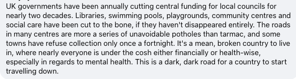 This is my old flatmate from back in the day, who has lived in Britain for many years, responding to our government's intention to remove the wellbeing provisions from the Local Government Act.