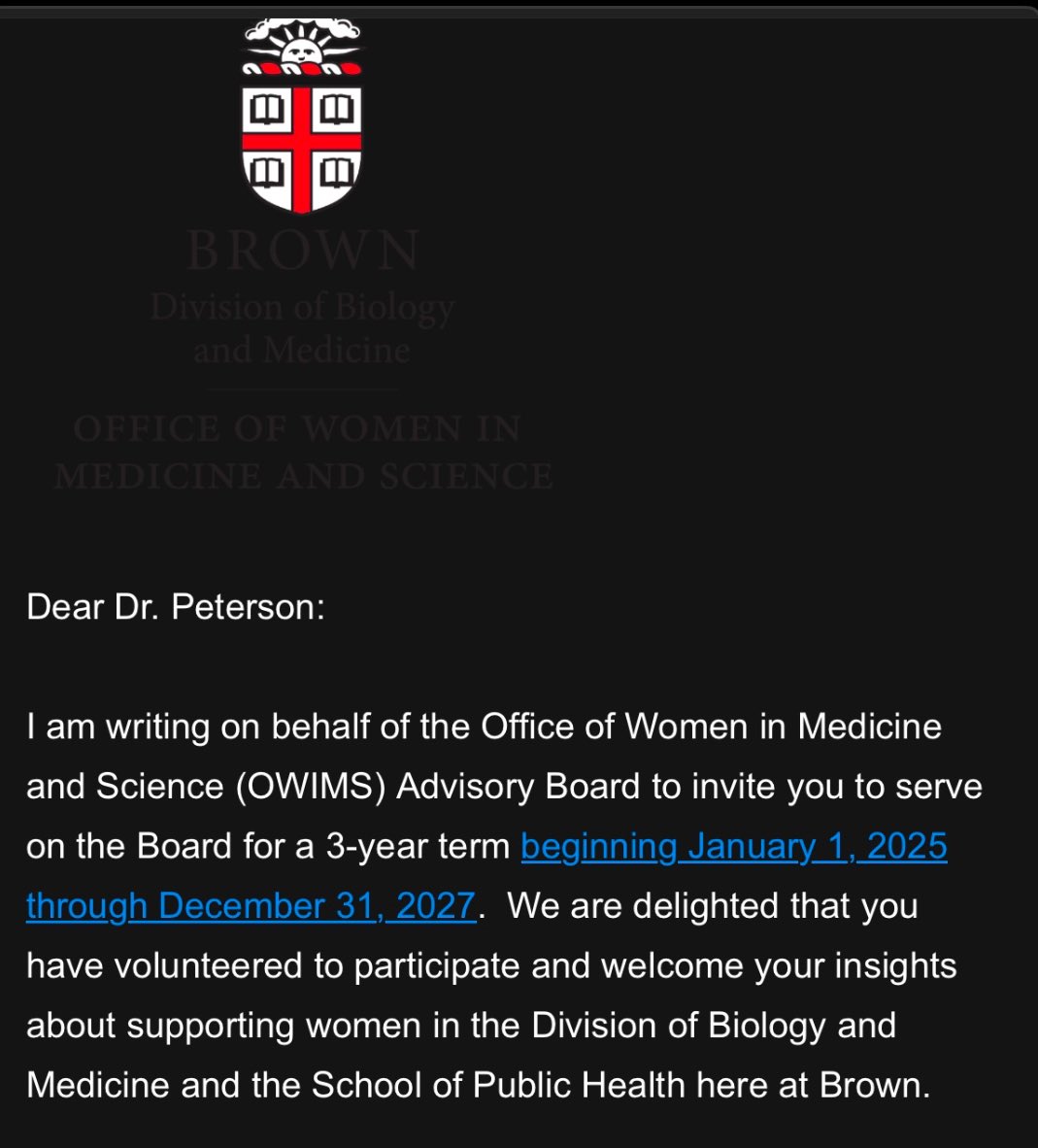 Dr. Roselyn Peterson, PhD (@rosepetersonphd) on Twitter photo So excited to be selected for the <a href="/BrownUniversity/">Brown University</a> office of women in medicine and science (OWIMS) advisory board. Can’t wait to start amplifying voices of women in medicine and science for the next 3 years! #AcademicChatter #AcademicTwitter So excited to be selected for the <a href="/BrownUniversity/">Brown University</a> office of women in medicine and science (OWIMS) advisory board. Can’t wait to start amplifying voices of women in medicine and science for the next 3 years! #AcademicChatter #AcademicTwitter