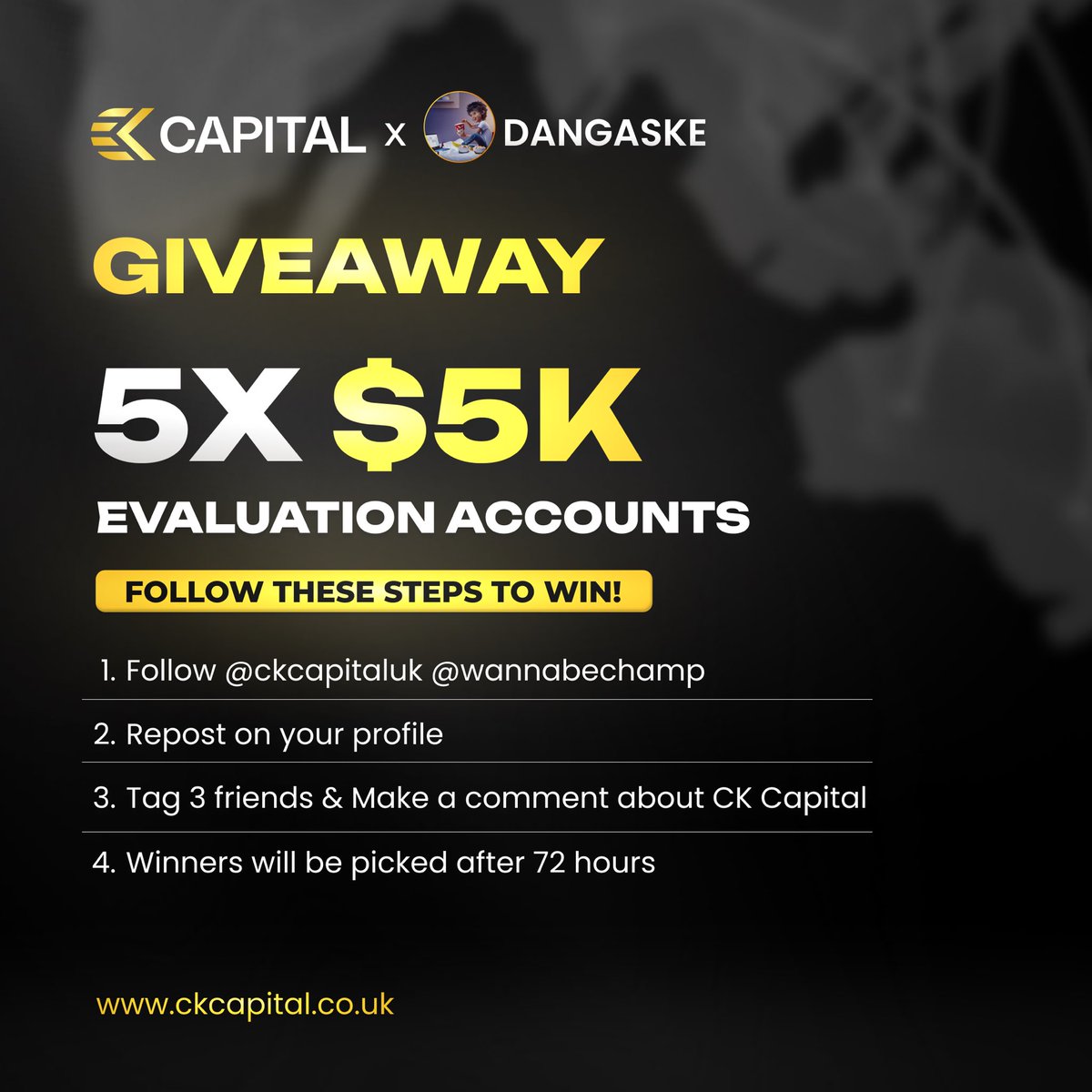 DANGASKE (@dangaske01) on Twitter photo 5x5k <a href="/ckcapitaluk/">ckcapital</a> Giveaway 🎁
Follow these steps to win!
• Follow
• <a href="/DanGaske01/">DANGASKE</a> <a href="/ckcapitaluk/">ckcapital</a> <a href="/wannabechamp/">Dan Cheung</a>
• Also Follow
• <a href="/MrAkFx/">Abdulkadir Anas</a> <a href="/igwecutiee_md/">Igwe</a> <a href="/ICT_WisdomFx/">Sarkin Noma</a>
✅ Like & Retweet
✅ Tag 3 friends & Make a comment about CK Capital
✅ Winner will be picked after 72 5x5k <a href="/ckcapitaluk/">ckcapital</a> Giveaway 🎁
Follow these steps to win!
• Follow
• <a href="/DanGaske01/">DANGASKE</a> <a href="/ckcapitaluk/">ckcapital</a> <a href="/wannabechamp/">Dan Cheung</a>
• Also Follow
• <a href="/MrAkFx/">Abdulkadir Anas</a> <a href="/igwecutiee_md/">Igwe</a> <a href="/ICT_WisdomFx/">Sarkin Noma</a>
✅ Like & Retweet
✅ Tag 3 friends & Make a comment about CK Capital
✅ Winner will be picked after 72