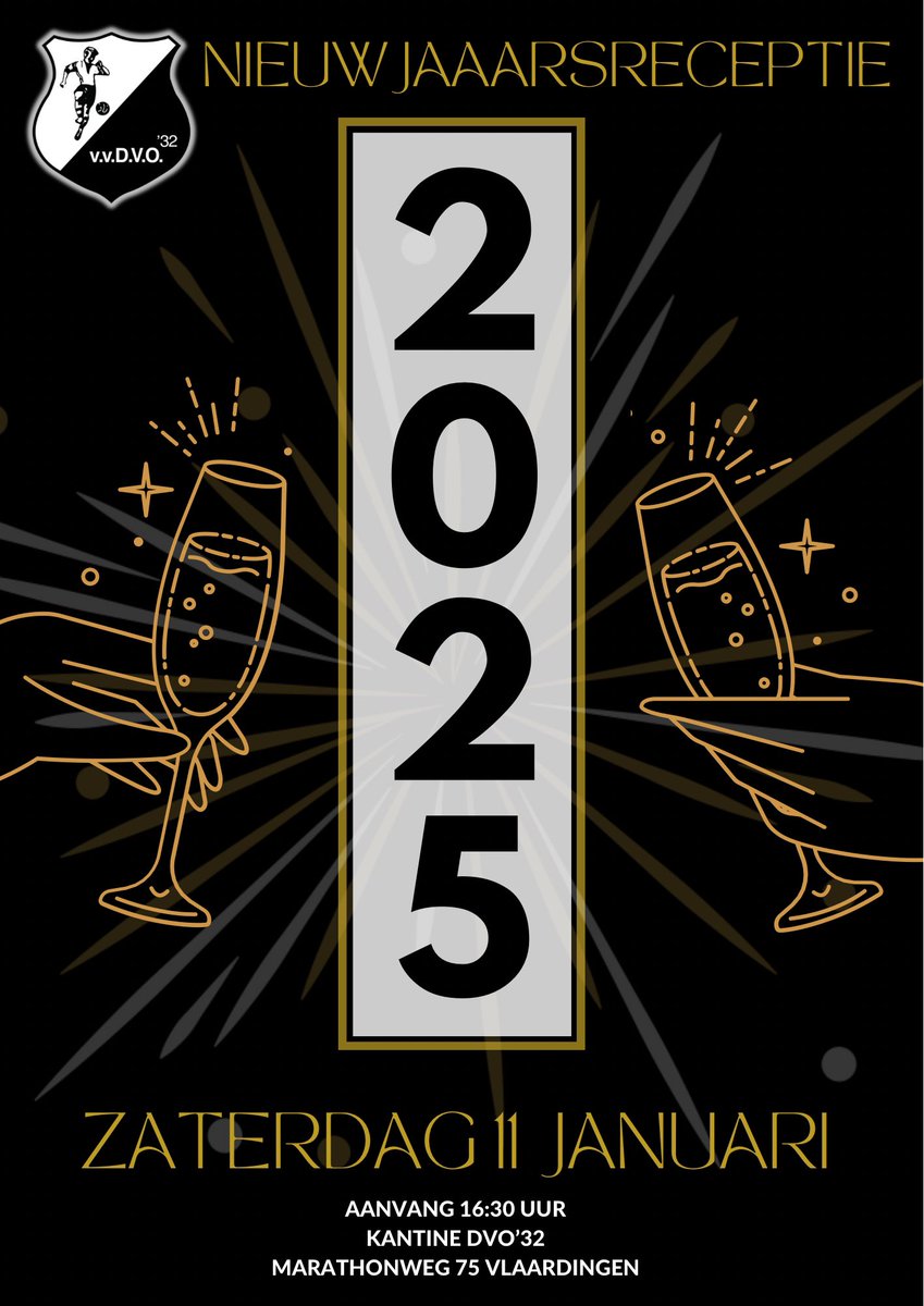 Nieuwjaarsreceptie 2025
Zaterdag 11 januari 2025 om 16:30 is de jaarlijkse nieuwjaarsreceptie in de kantine van DVO’32. Wij nodigen u van harte uit om met ons te proosten op het nieuwe jaar.
