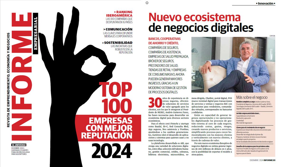 ecuaitalia's tweet photo. Excelente reportaje en el Informe Empresarial 2024 de @eluniversocom , felicitaciones #NESEC.
El informe completo vía @eluniversocom 

@CeEcuatoriano , @JCCassinelli  @guidoflavio @jliturralde2 @VJuradoC @mario_orellanaB @DriversEcuador @VitoMunozU1 https://t.co/62syPTrPGj