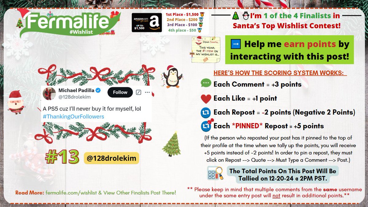 128drolekim's tweet photo. I'm one of the four finalists for @fermalife Santa's Top Wishlist Contest. Interact with this post to help me earn points and win! The contest ends on Friday 12-20-2024 @ 2PM PST. View more details and see the other finalists' posts here: https://t.co/CJgkx0qQME https://t.co/y053KkcTUb