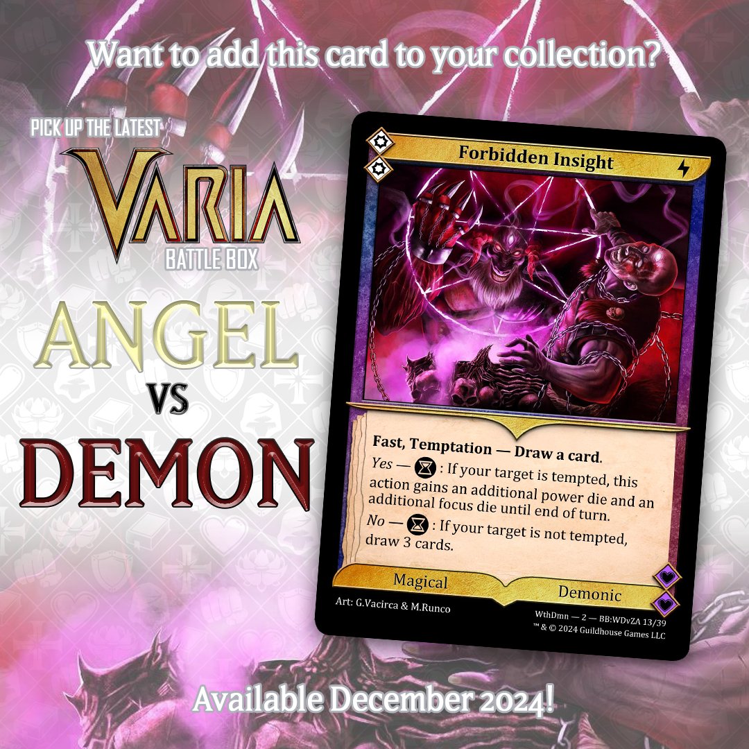 Ah, yes, the temptation! It's time to see what your enemy  is thinking with some forbidden insight! 😈👹

If your enemy feels tempted, your action gains additional power (with your die), and if not, you draw 3 cards as punishment!🃏

(There's more details within the card to look
