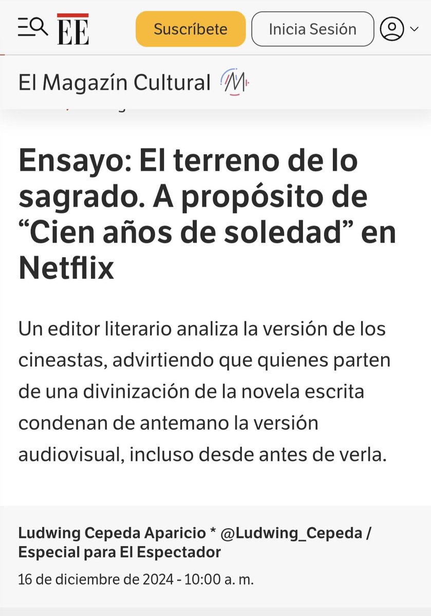 Ludwing_Cepeda's tweet photo. ¿Es mejor la novela o la serie de "Cien años de soledad"? Muchos devotos de la novela suelen suponer, muy de antemano, que toda adaptación será un fracaso, pues han "divinizado" la obra.

Les comparto este especial que me publicaron en El Espectador. 🌟https://t.co/TsJcAnyS9A https://t.co/3Utfl0jgai