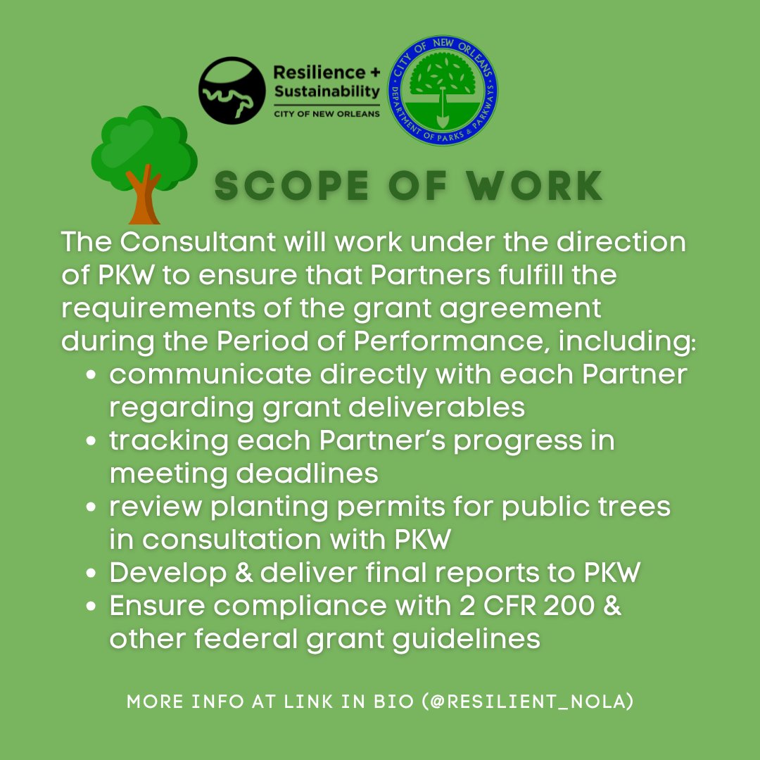 The @cityofnola is seeking proposals from qualified firms to help manage an $8M USDA Forest Service's Urban Community Forestry Grant, made possible through the Inflation Reduction Act (IRA). Let’s grow a greener, healthier NOLA together! 🌱 More info: linktr.ee/resilienceNOLA