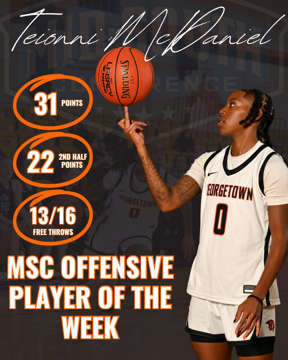 Big congrats to, Teionni McDaniel, for being named MSC Player of the Week! 
🐅🧡🏀