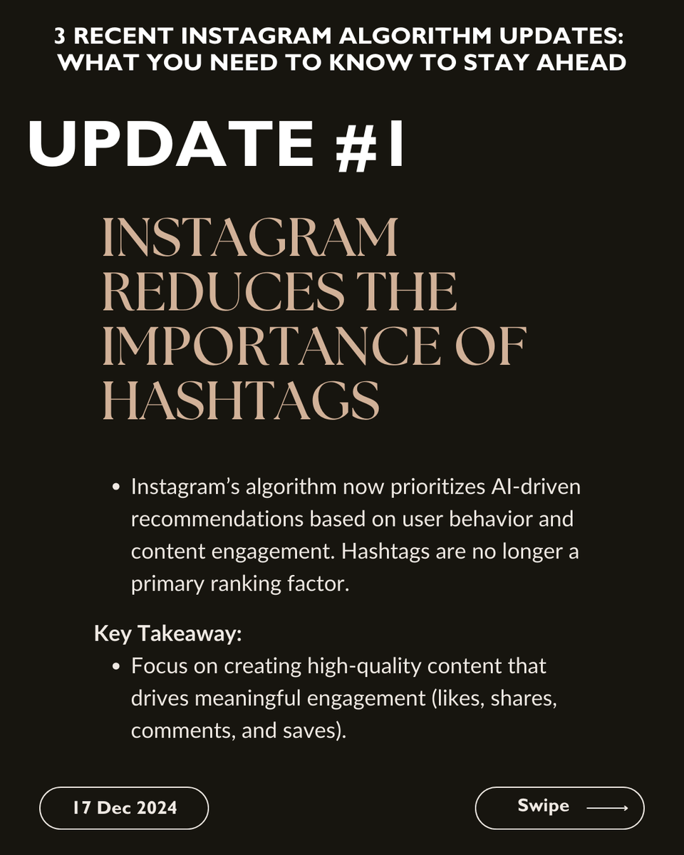 AgataReilly's tweet photo. 🚨 Instagram’s algorithm is evolving!

Here are 3 updates you need to know:
1️⃣ Hashtags are less relevant—AI drives content discovery.
2️⃣ Paid Partnerships don’t harm reach if your content engages.
3️⃣ DMs = the future. Shareable content wins.

What’s your take on these changes? https://t.co/Ffoo08c6p1