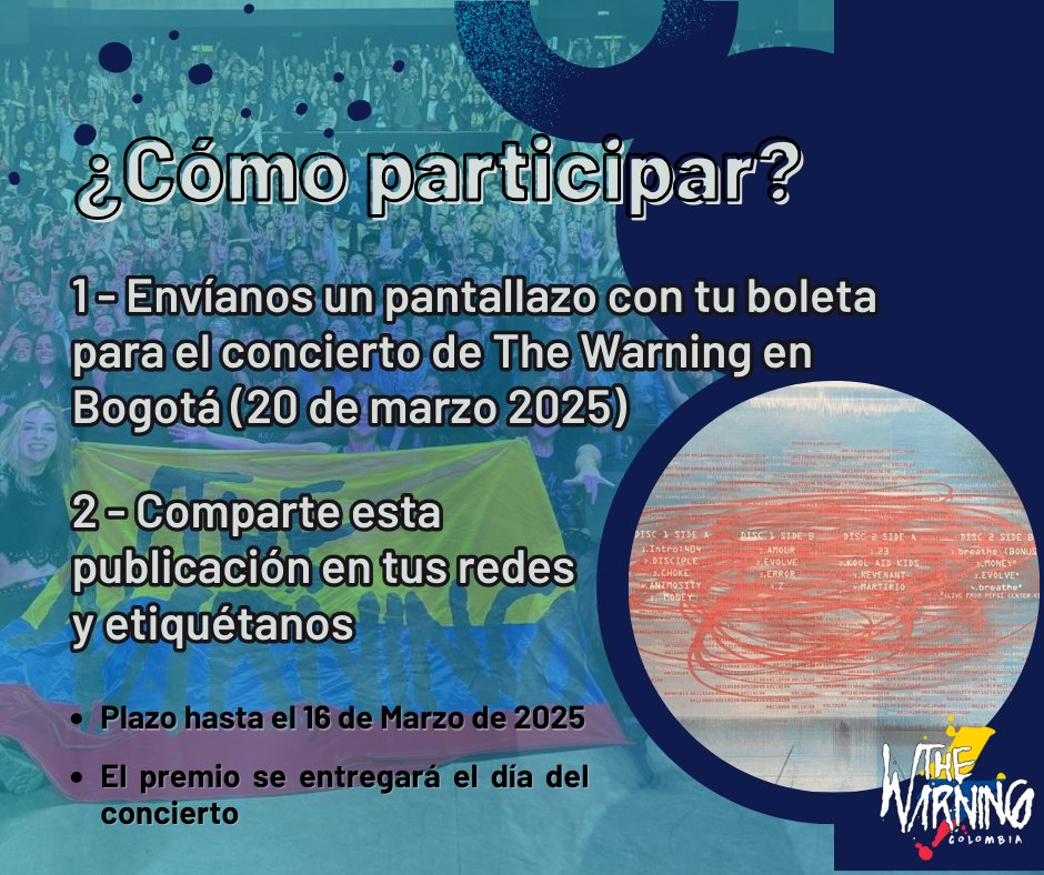 TheWarning_Col's tweet image. Vas al concierto de The Warning? También puedes participar por el LP exclusivo ERROR(404)

@TheWarningBand2 @musictrendscol #TheWarning #Bogota #Concurso