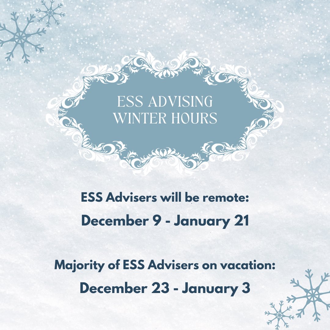 ESS Berkeley (@essberkeley) on Twitter photo ESS Advisers will be working remotely from Dec 9-Jan 21. If you have a question, please email or make an appointment. You may also email ess@berkeley.edu.
The majority of advisers will be on vacation Dec 23-Jan 3 and will not be responding to emails during this time. ESS Advisers will be working remotely from Dec 9-Jan 21. If you have a question, please email or make an appointment. You may also email ess@berkeley.edu.
The majority of advisers will be on vacation Dec 23-Jan 3 and will not be responding to emails during this time.