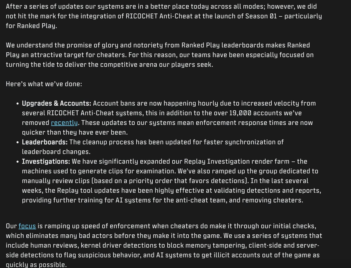 Call of Duty RICOCHET anti-cheat team apologizes for how Season 01 - Ranked Play has been with cheaters. 

"However, we did not hit the mark for the integration of RICOCHET Anti-Cheat at the launch of Season 01 – particularly for Ranked Play." 

 Updates on what's been done: