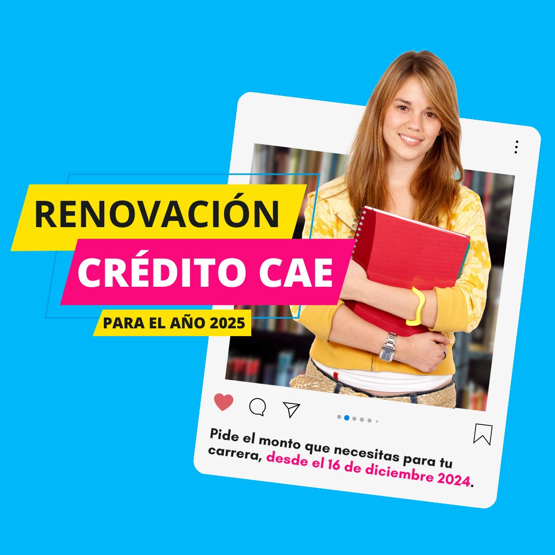 A partir de hoy lunes 16 de diciembre los beneficiarios del Crédito con Garantía Estatal (Crédito CAE), podrán solicitar el financiamiento que van a requerir para sus estudios del año académico 2025. 

Más información en 👉🏻 portal.ingresa.cl
