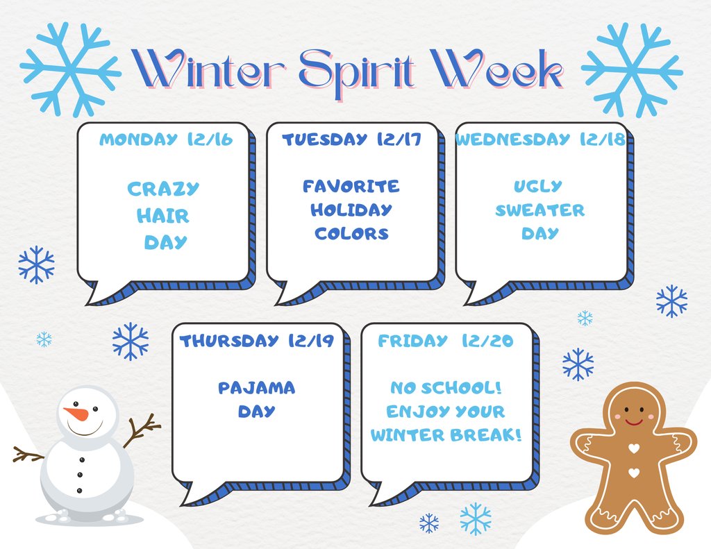 Show your school spirit and #CougarPride by participating in our Winter Spirit Week!  Remember that progress reports go home 12/19 and it is a minimum day.  Enjoy the holiday break and happy new year!  See you when we return on 1/6/25.