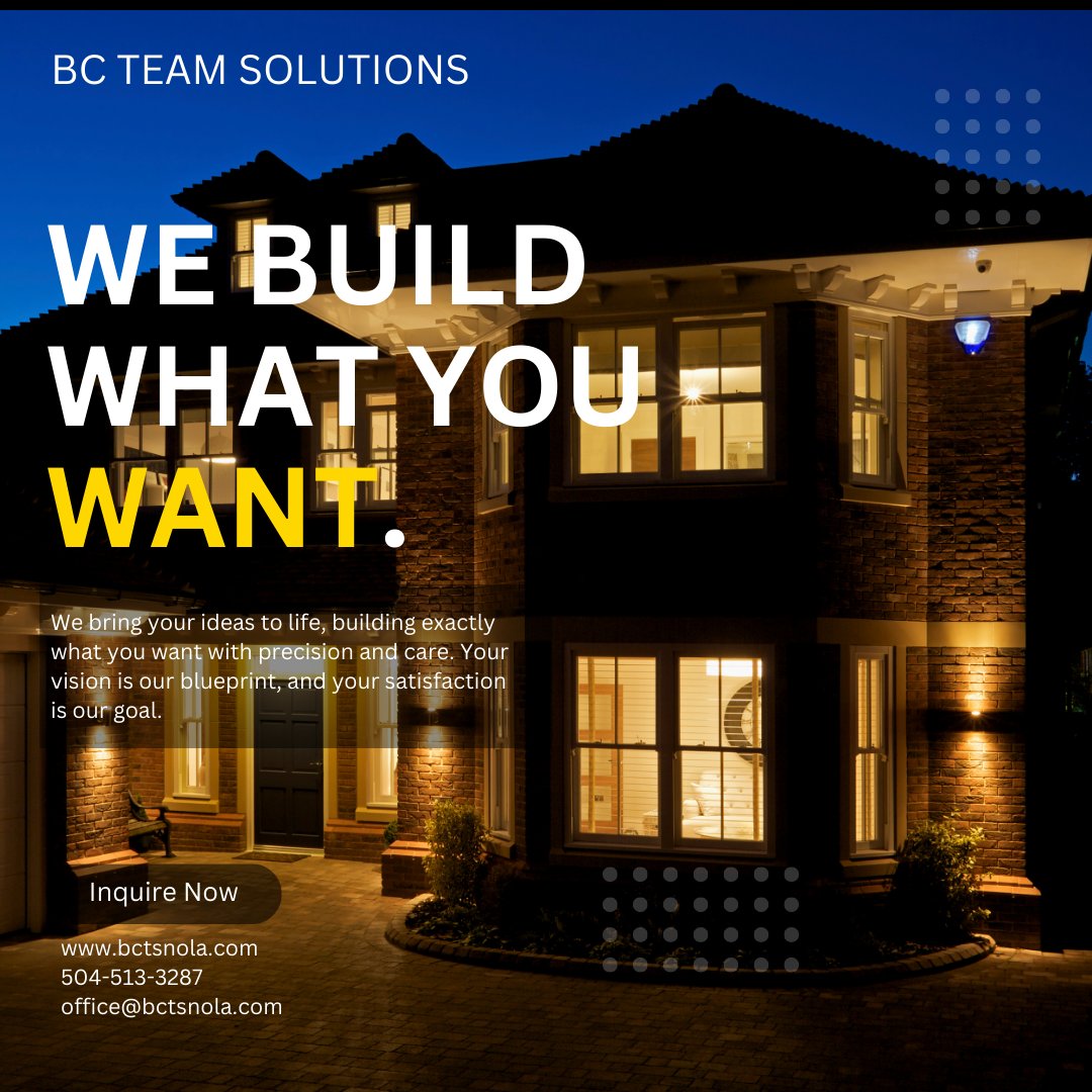 BCTeamSolutions's tweet image. Need expert construction services? 🏠 BC Team Solutions builds what you want with care, precision, and affordability. Call 504-513-3287 for a quote today! We bring your vision to life in Louisiana. #CustomHomeBuilders #LouisianaConstruction #BCTeamSolutions