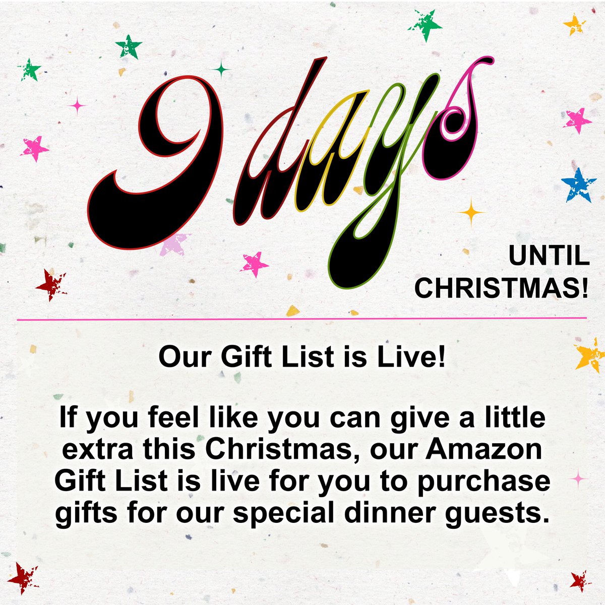 Can you help us this Christmas? 
If you can give a little extra (with only 9 days to go before Christmas!) our Amazon Gift List is live for you to purchase gifts for our special dinner guests. Thank you all! amazon.co.uk/regi.../gl/gue…