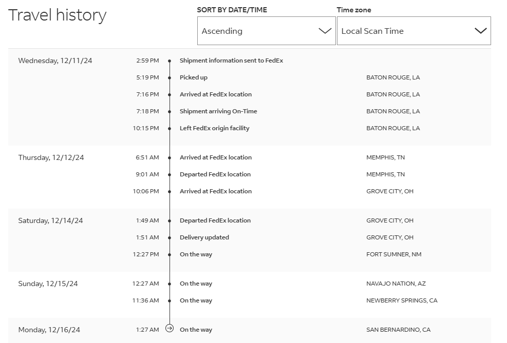 egiblock's tweet photo. common @FedEx ..  at some point crowdsource deliveries or give them to @amazon to help you out, but wtf..  @FedExHelp  #fedexFailure.  This package was coming to ohio, but now has left the state..

LA -> OH is now LA -> OH -> NM -> AZ -> CA -> ?? https://t.co/F7Rs3ow6JI