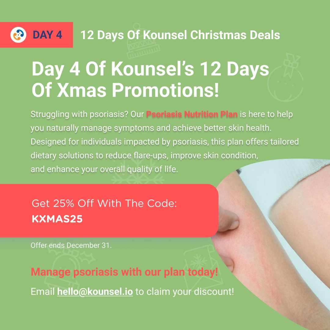 kounsel's tweet photo. 🎄 Day 4 of Kounsel’s 12 Days of Christmas! 🎄

Tired of battling psoriasis flare-ups? Discover our Psoriasis Nutrition Plan—a personalized guide to healthier, glowing skin through better nutrition. 🌿✨

👉 Start your skin-healing journey today: https://t.co/dGI5WEI7z5 https://t.co/SFLMBDuej7