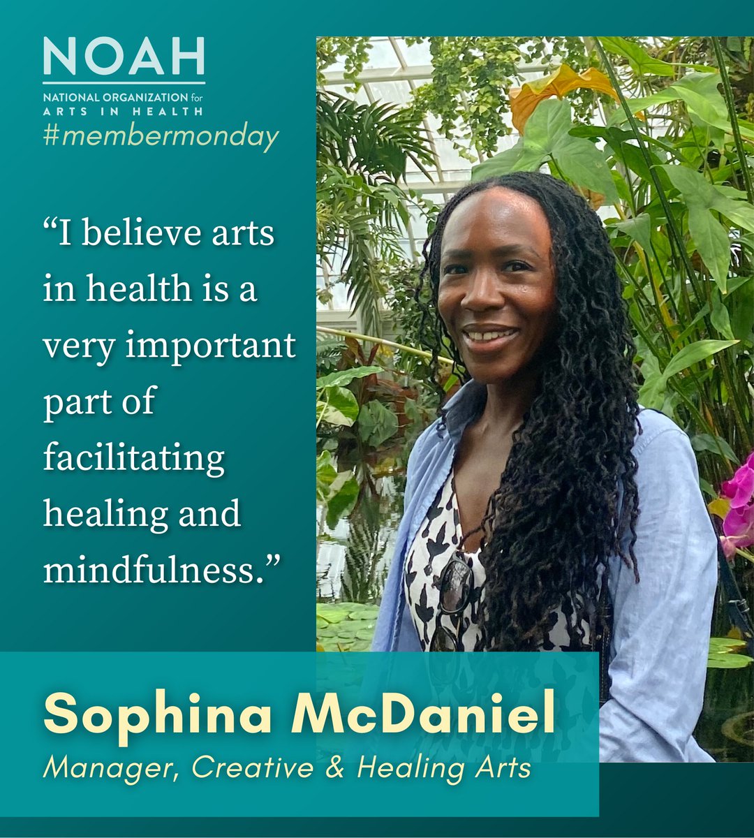 artsinhealthUS's tweet photo. "I joined NOAH to connect with other leaders who support and advocate for opportunities for individuals and communities to engage in the arts as a way of healing and connection."

-NOAH Member Sophina McDaniel, Manager of the Creative &amp; Healing Arts programs at @StanfordMed https://t.co/QAydRAWXBo