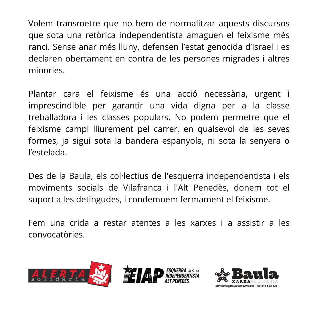 📢 Concentració i mobilització aquest vespre a Vilafranca del Penedès 

✊🏽 En suport de les tres detingudes d'aquest matí.
✊🏽 En rebuig dels discursos d'odi dels racistes, siguin espanyols o catalans.
✊🏽 I per proclamar que la seva repressió NO ENS ATURARÀ!
<a href="/BaulaSolidaria/">Baula Xarxa Solidària</a>