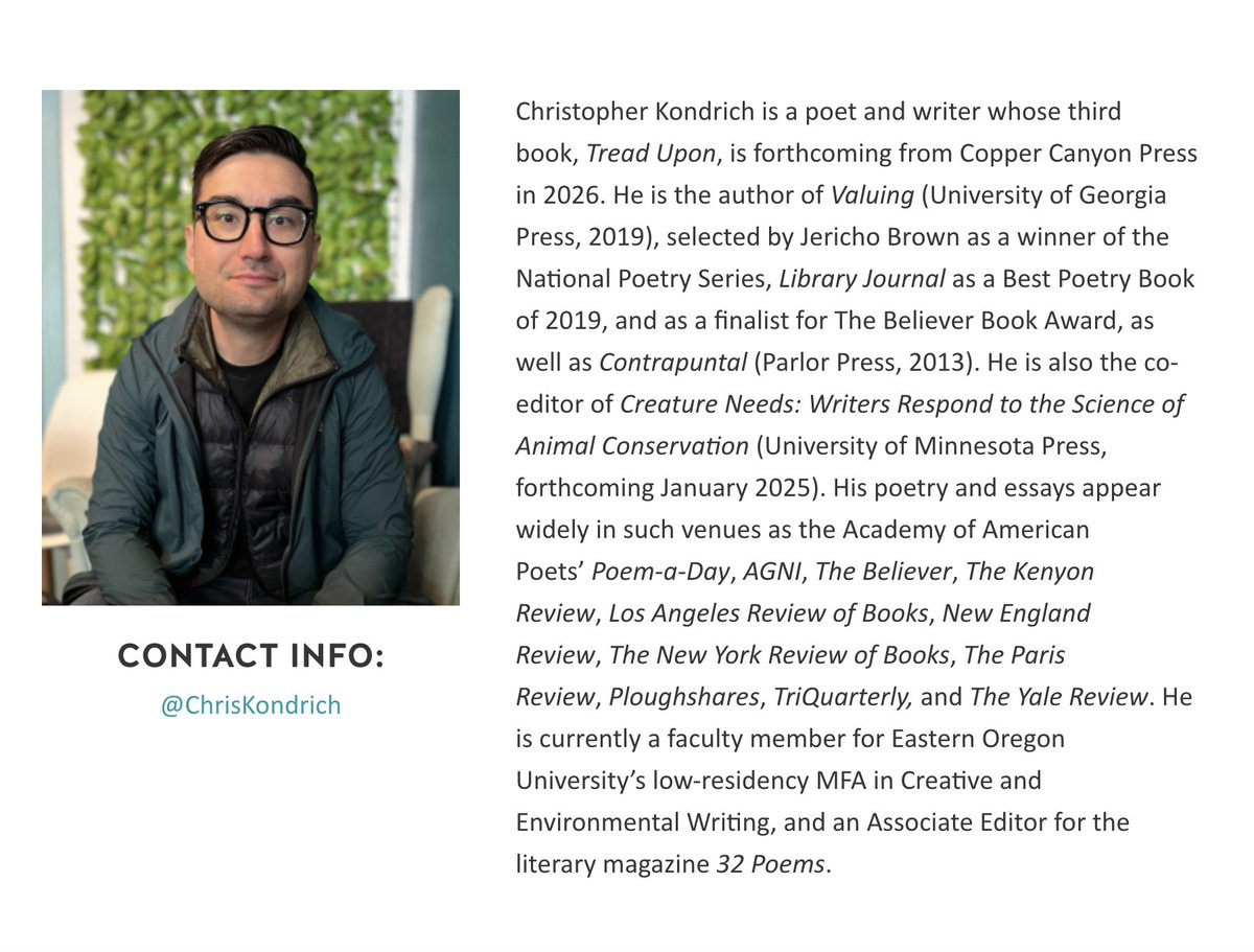 Christopher Kondrich (@chriskondrich) on Twitter photo Starting February 6, I'll be teaching a poetry craft course for <a href="/lighthousewrite/">Lighthouse Writers Workshop</a> called Leaning Into Lyricism. We'll study the ways that poetry makes music of language & put those sonic strategies into practice. Join me!
lighthousewriters.org/workshop/4-wee… Starting February 6, I'll be teaching a poetry craft course for <a href="/lighthousewrite/">Lighthouse Writers Workshop</a> called Leaning Into Lyricism. We'll study the ways that poetry makes music of language & put those sonic strategies into practice. Join me!
lighthousewriters.org/workshop/4-wee…