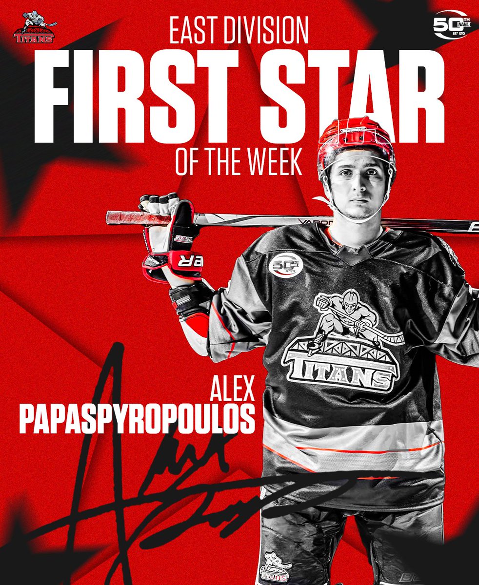 NAHLTitans's tweet photo. 𝐏𝐀𝐏𝐀-𝐒𝐓𝐀𝐑-𝐎𝐏𝐎𝐔𝐋𝐎𝐒
After a 7-point weekend (4g, 3a) Alex Papaspyropoulos is named the East Divisions first ✰ of the week!
Congrats, Alex!
#NJTPUCK | #GetUpMiddletown https://t.co/YTjHP8jVA2