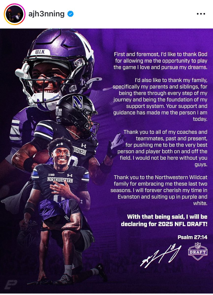 insidenu's tweet photo. AJ Henning has declared for the 2025 NFL Draft, per his Instagram.

Henning led Northwestern with 59 catches, 603 yards and four touchdowns in 2024. https://t.co/DEbopvbu37