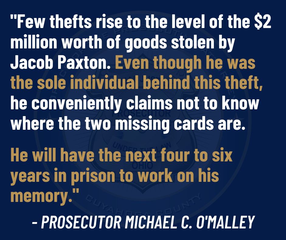 Jacob Paxton sentenced to 4 to 6 years in prison &amp; Jason Bowling sentenced to 1 year of community control for stealing baseball cards from Strongsville. 2 baseball cards, totaling $89,540 in value, remain missing. 

ccprosecutor.us/jacob-paxton-s…