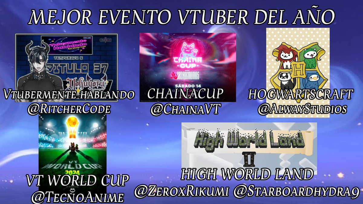 NekoSempai_VT's tweet photo. @RineAzu @KeirameVT @seaphany @YueNabiVT @IgnyaPanthara @EyraFlamenko @GerX_Music_Fix @IlanVtuber @linkaimane @YukoPolaris @AyakaZaphyr @vtralproject @EruNabura @2bines @LunariaAyaren @CondesaVR @itsyamivt @TecnoAnime MEJOR EVENTO VTUBER

VTUBERMENTE HABLANDO - @RitcherCode
HIGH WORLD LAND - @ZeroxRikumi &amp; @Starboardhydra9
VT WORLD CUP - @TecnoAnime
HOGWARTSCRAFT - @AlwayStudios_
CHAINACUP - @ChainaVT https://t.co/dIbFmJami8
