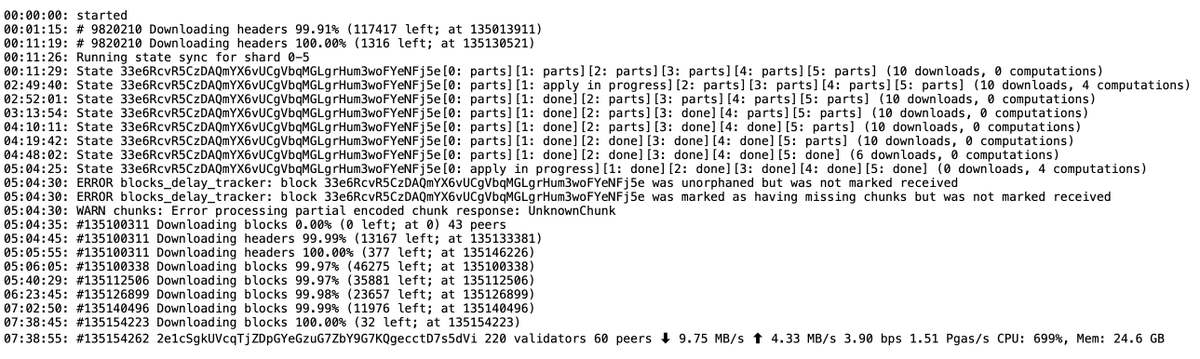 Evgeny Kuzyakov (@ekuzyakov) on Twitter photo You can now sync nearcore on NEAR mainnet without any extra snapshots. Just compile, initialize and start.
Total sync time to the head is 07:38:55
Attaching top highlights from the log with relative timestamps.
Kudos to <a href="/BowenWang18/">Bowen Wang</a> and Near One team! You can now sync nearcore on NEAR mainnet without any extra snapshots. Just compile, initialize and start.
Total sync time to the head is 07:38:55
Attaching top highlights from the log with relative timestamps.
Kudos to <a href="/BowenWang18/">Bowen Wang</a> and Near One team!