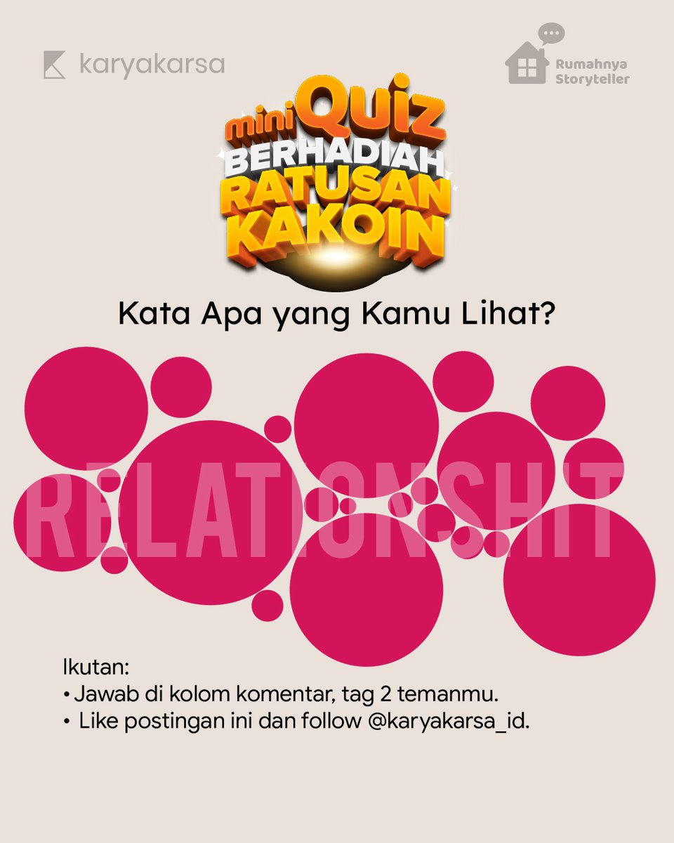 karyakarsa_id's tweet photo. MINI QUIZ TIME!!✨✨

Hadiah ratusan untuk 5 orang pemenang!

Periode hanya sampai 19 Desember dan pemenang akan diumumkan tanggal 20 Desember.

Gas, ikutan sekarang!🔥

#KaryaKarsa #kuismini #kuisberhadiah #miniquiz #giveaway https://t.co/Ihr4cD6Z28