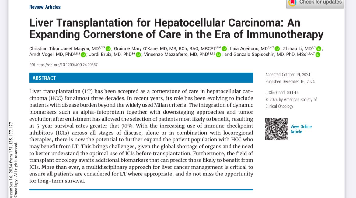 Erman_Akkus's tweet photo. 🏥Liver Transplantation for Hepatocellular Carcinoma
@JCO_ASCO 

✅Immunotherapy, local treatments and improved responses ➡️ expanding eligibility
❗️Challenges: Defining criteria, designing trials, biomarkers and organ shortage

@ArndtVogel @JCOOP_ASCO @ASCO @OncoAlert @realbowtiedoc #cancer #oncology #liver #MedX