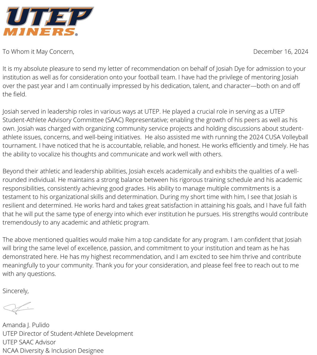 Thank you UTEP for the endless opportunities to grow as a student and an athlete. Thank you student body for allowing me to serve and grow in area’s beyond sports. Thank you to all my coaches as well, had I not been recruited to this University this simply would not have been