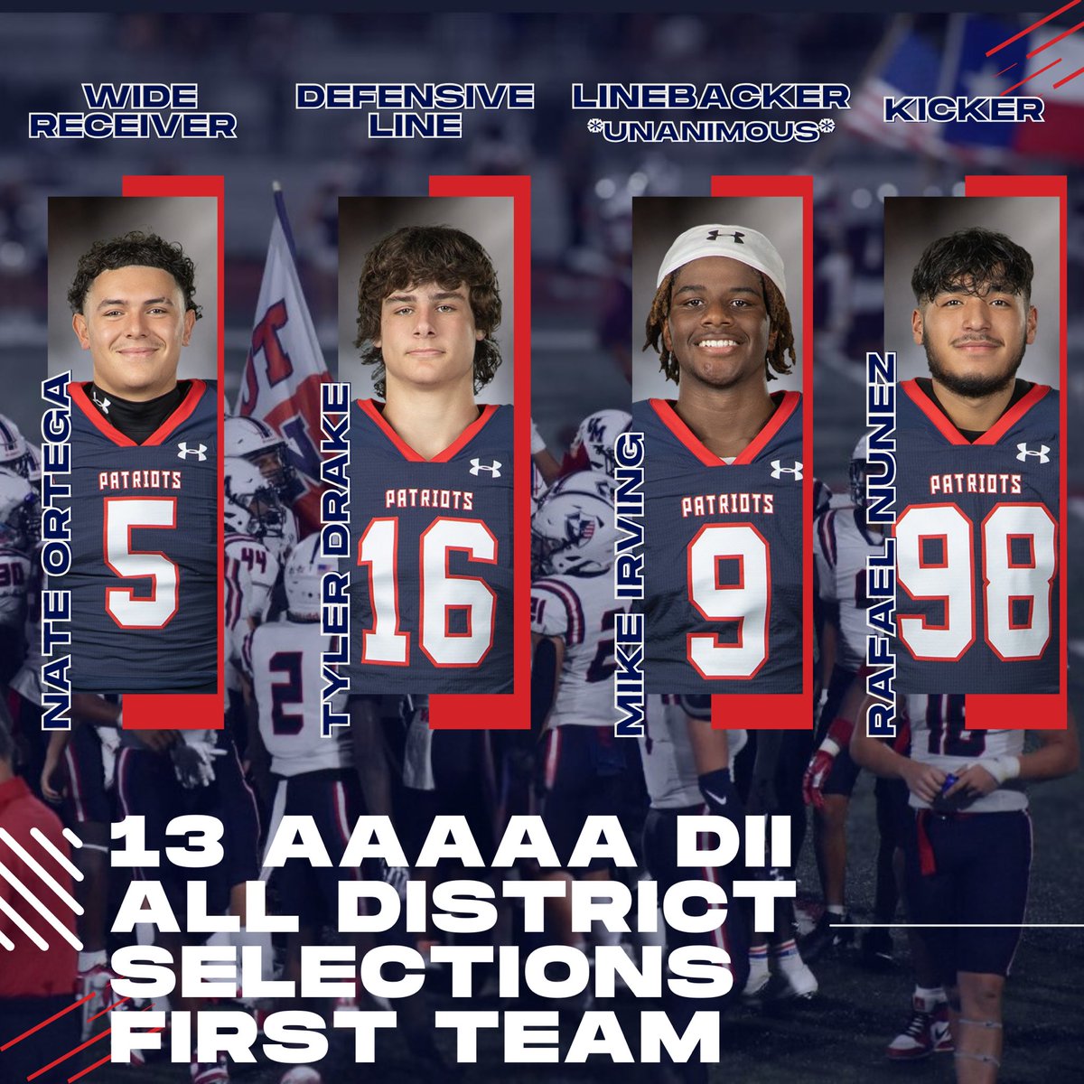 #PATRIOTNATION These guys have earned FIRST TEAM honors on the All District 13-5A D2 list! #EETDET <a href="/JudsonISD/">Judson ISD 🍎</a> <a href="/JudsonISD/">Judson ISD 🍎</a> <a href="/SAVeteransHS/">Veterans Memorial High School</a>