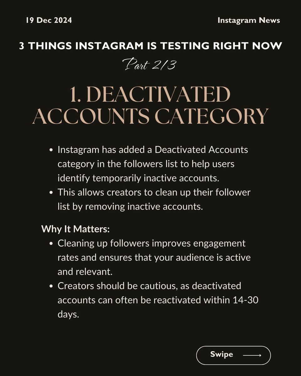 AgataReilly's tweet photo. 🚨 Instagram tests, Part 2/3:
1️⃣ Remove inactive followers with “Deactivated Accounts.”
2️⃣ Boost posts with GIFs/stickers = wider reach.
3️⃣ Broadcast Channels get replies, prompts, and new metrics.
Which feature helps your strategy most? ���� https://t.co/gjuT4SvZ5B