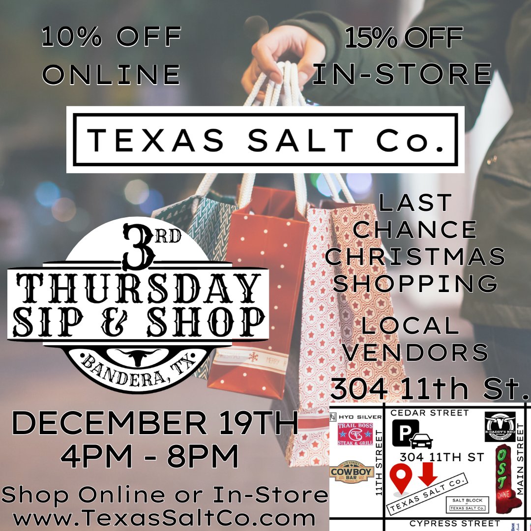 Join us at Texas Salt Co. for our Third Thursday Event on December 19th from 4 PM to 8 PM at 304 11th Street, perfect for your last-minute Christmas shopping. Taste our unique salt blends, meet the makers, enjoy exclusive in-store offers, and explore products from local vendors;