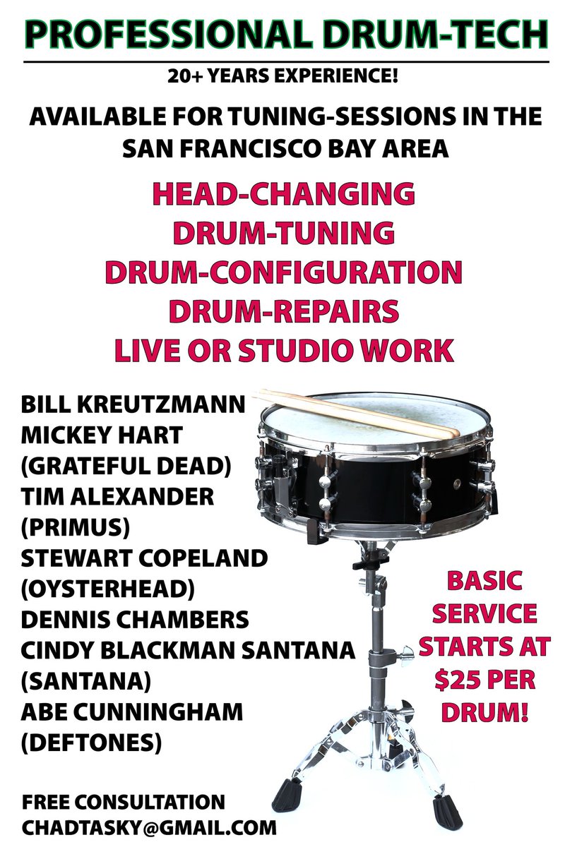 ChadTasky's tweet image. PROFESSIONAL DRUM-TECH AVAILABLE FOR TUNING SESSIONS IN SAN FRANCISCO BAY AREA. #drumtech #drums #drum #drumtuning #drumming #drumset #drumkit