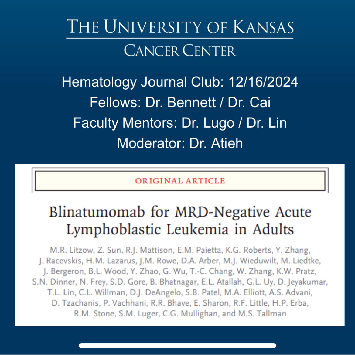 Joe Bennett MD (@joebennettmd) on Twitter photo Great heme JC this evening moderated by the phenomenal <a href="/AtiehTahaniDO/">Tahani Atieh</a>. Always great teaching and discussion with the KU leukemia team <a href="/LeukemiaMD/">Heather J. Male, MD, MBA</a>, <a href="/LugoMd/">Jesús G Lugo</a>, Dr. Byrd, and Dr. Lin (author on the study)!
nejm.org/doi/full/10.10… Great heme JC this evening moderated by the phenomenal <a href="/AtiehTahaniDO/">Tahani Atieh</a>. Always great teaching and discussion with the KU leukemia team <a href="/LeukemiaMD/">Heather J. Male, MD, MBA</a>, <a href="/LugoMd/">Jesús G Lugo</a>, Dr. Byrd, and Dr. Lin (author on the study)!
nejm.org/doi/full/10.10…