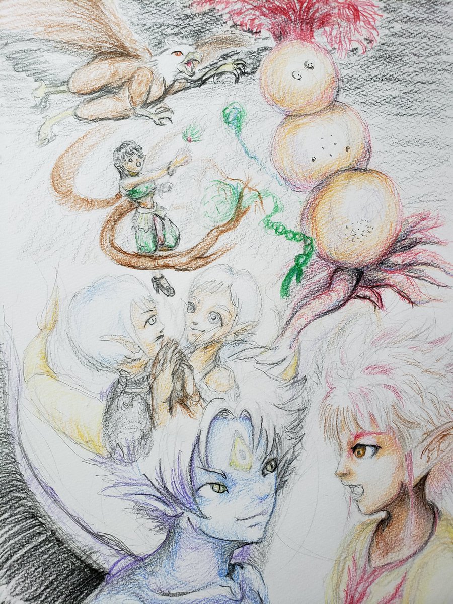 ryuichimk3's tweet photo. あっ
小石さんの誕生日用
描いてなかったので
これでハッピーバースデー🎁

過去に描いたイラストを
一章用にして
キノコの人を加えて
リードくんを
握手から攻撃に

過去に描いたのは
エルフ企画と植物企画から
みんなの絵を

 #SKYSTORY
＃SSファンアート 
＃色鉛筆 
＃色鉛筆画 
＃色鉛筆イラスト https://t.co/G3riNbRM3U