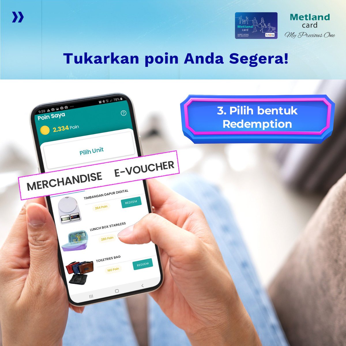 metlandcard's tweet photo. AWAS POIN HANGUS🗣️
Segera tukarkan poin Metland Card yang kamu miliki dengan berbagai pilihan merchandise menarik dan e-voucher melalui aplikasi Metland Card. Poin yang tidak ditukarkan akan hangus. Batas penukaran poin hingga 31 Desember 2024

#MetlandCard #PoinHangus https://t.co/p4lmV5INhB