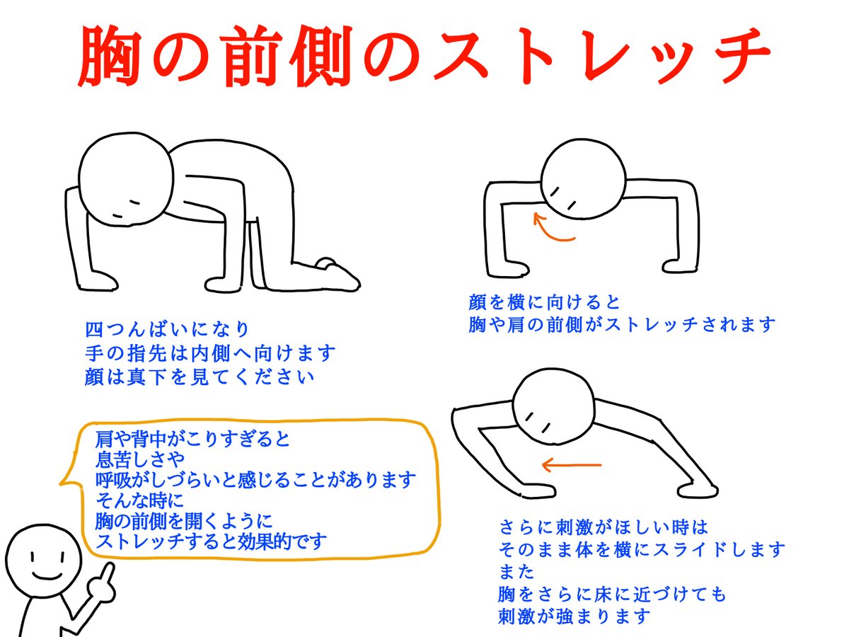 おはようございます!
朝の健康体操です

今朝は胸のストレッチです
背中がこってくると連動して
胸の筋肉もこってきます

前後のコリにより
肺の動きが制限され
息苦しかったり、息が吸いづらい気がする
という方も多いです

こちらのストレッチで
伸ばしてみてください 