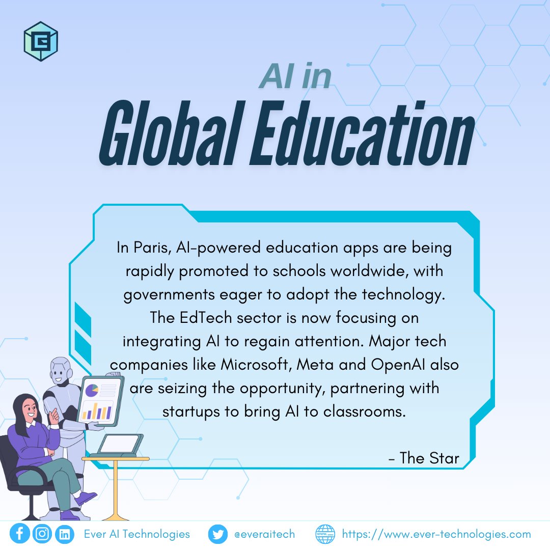 everaitech's tweet image. AI in Global Education 🌍
AI-powered education apps are transforming classrooms worldwide! Microsoft, Meta, and OpenAI are actively integrating AI into schools, making learning smarter and more efficient.
Want to learn more? Contact us at:
📧wasap.my/601112617870/H…

#AILearn
