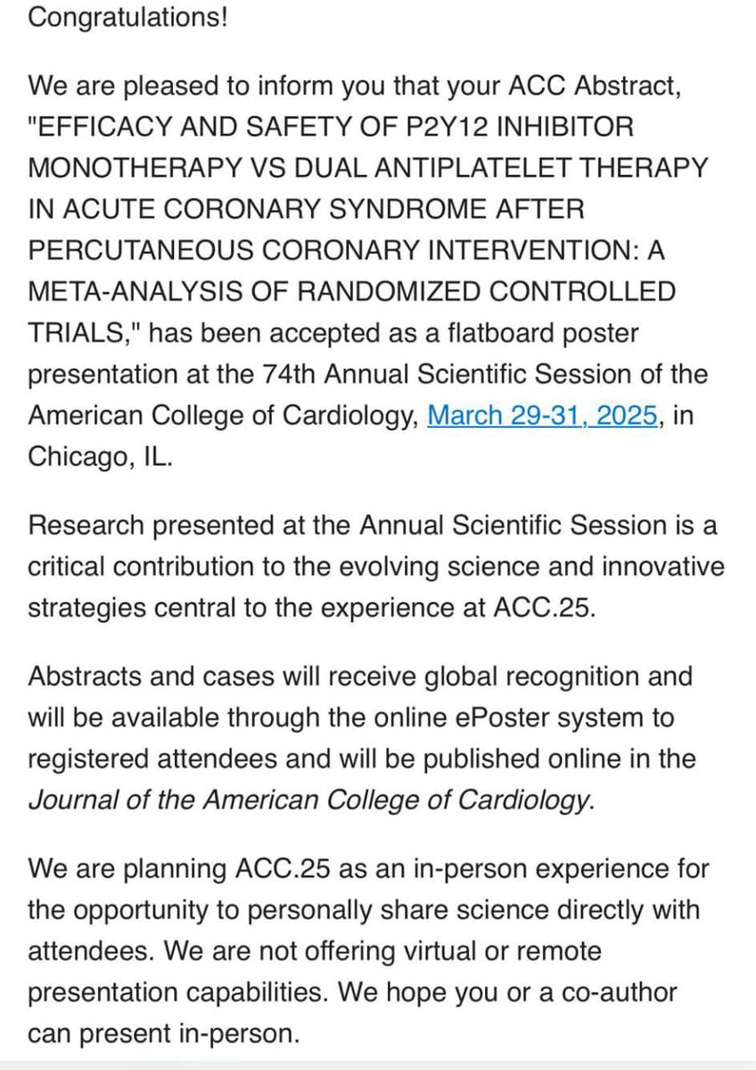 Prashant Yadav (@prashantydv_26) on Twitter photo Our abstract got accepted in #ACC25 
Grateful to the team for such a wonderful work.
See you everyone in Chicago soon.
#ACCinTouch 
#CardioTwitter Our abstract got accepted in #ACC25 
Grateful to the team for such a wonderful work.
See you everyone in Chicago soon.
#ACCinTouch 
#CardioTwitter