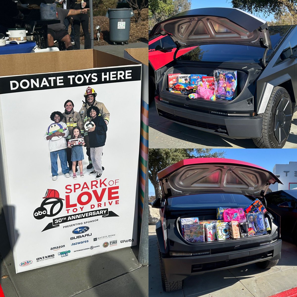 FthePump1's tweet photo. Great fun at our #ZeroEmissionsRun to the @Tesla Riverside toy drive for the @ABC7 Spark of Love. Thank you to all those who joined us and donated 2 CyberTruck frunks full of toys! This community is amazingly generous! https://t.co/SiaI22C4xn